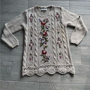 Vintage Bobbie Brooks Beige Sweater with Floral Embroidery